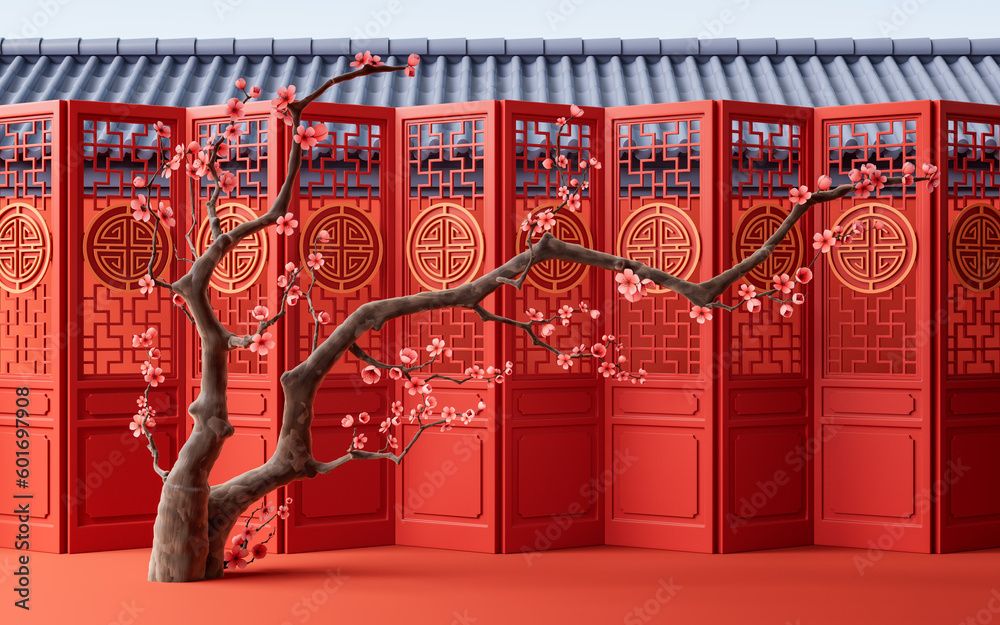 Plum blossom with Chinese ancient doors, 3d rendering.