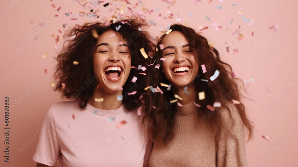 Happy girls with confetti. Illustration AI Generative.