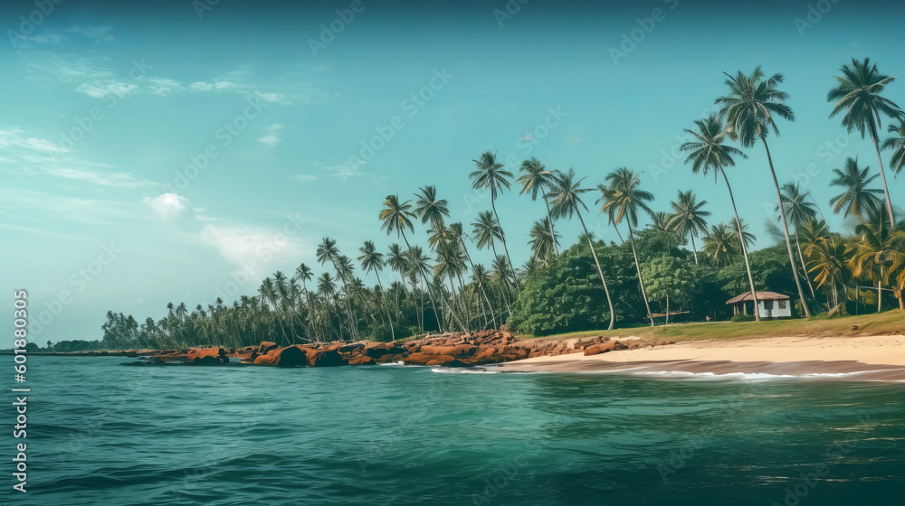 Coconut palms tropical background. Illustration AI Generative.