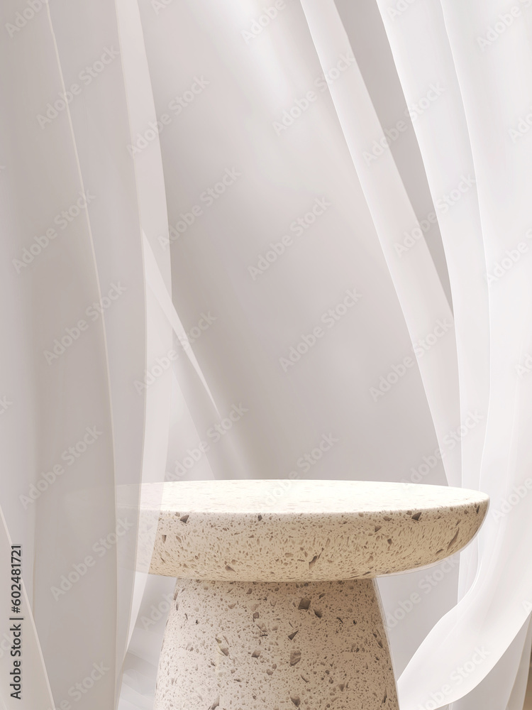 Empty modern round cream terrazzo podium side table in soft white blowing sheer cloth curtain draper