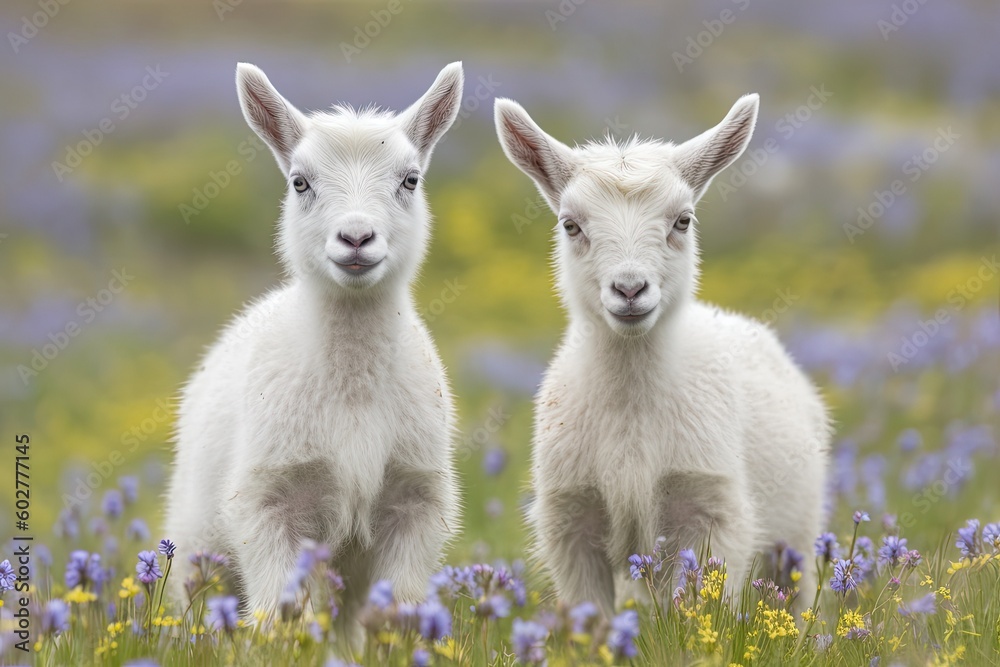 two adorable baby goats enjoying a field of colorful flowers Generative AI