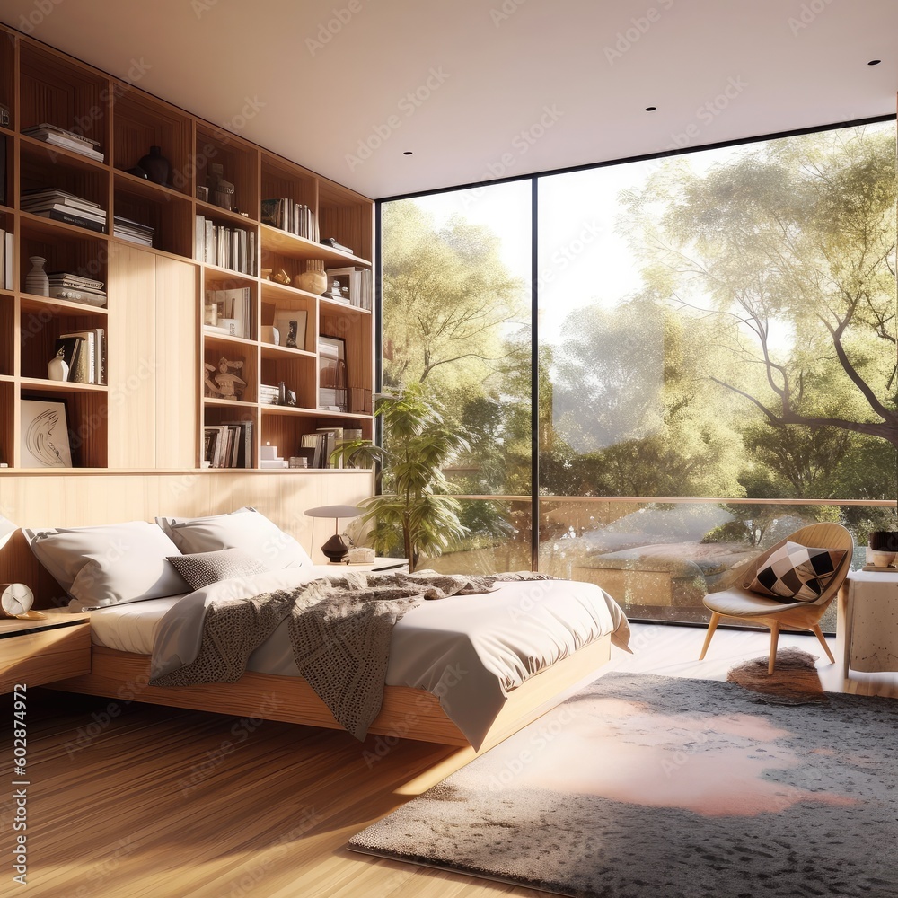 Modern bedroom decorate,There are large window overlooking to nature and forest,AI generated.