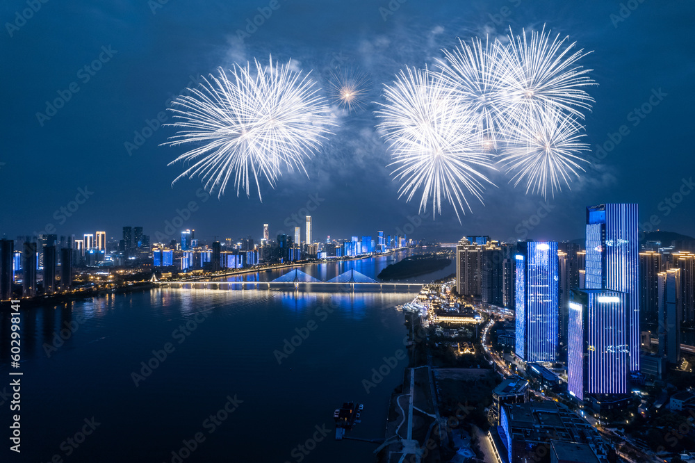 Night view of fireworks at Juzizhou, Xiangjiang River, Changsha, China