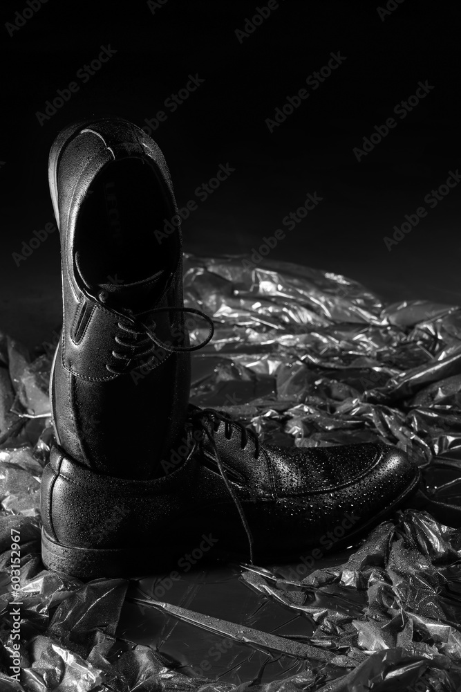 Stylish classic male shoes on black background