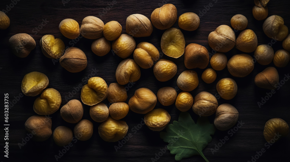 Ginkgo nuts on dark background. Generative AI