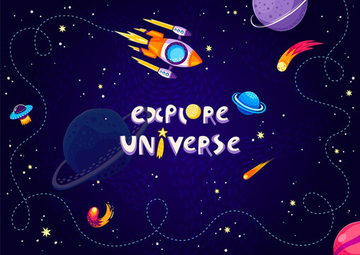 Cartoon space background, spaceship and stars. Vector cosmic landscape, rocket investigation. design for kids with flying shuttle and creative childish typography explore Universe in dark starry sky