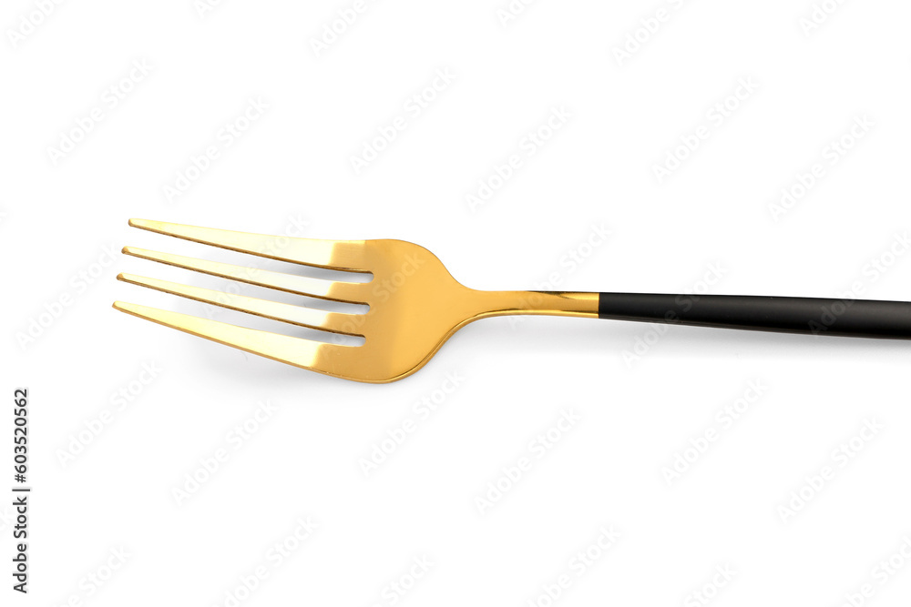 Golden fork with black handle on white background