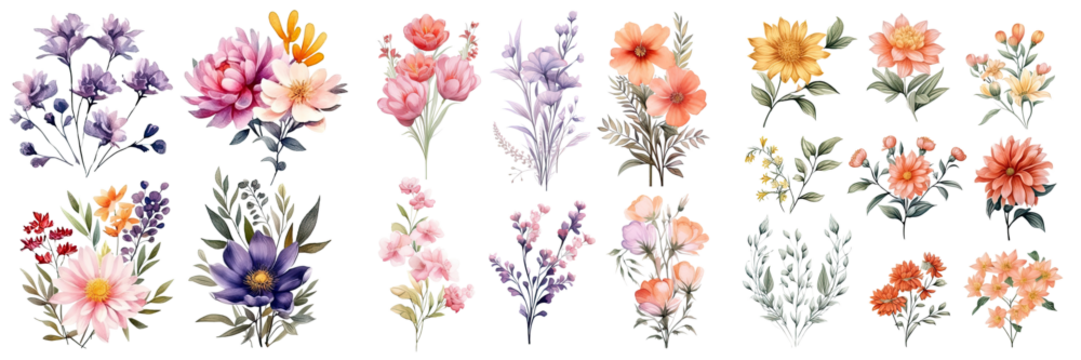 一组美丽的花朵，手绘花朵的水彩集合，植物插图透明背景，PNG，生成式人工智能