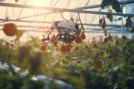 Industrial modern greenhouse to grow tomatoes with robots drone. Concept technology innovations farming. Generative AI