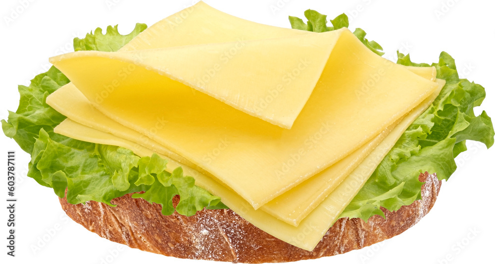 Cheese sandwich, gouda slices on piece of bread with lettuce leaves, full depth of field, top view