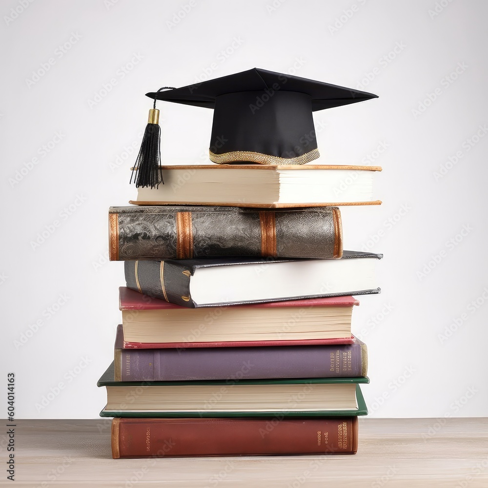 Education Concept,Pile of books with a square graduation hat at the top,AI generated.