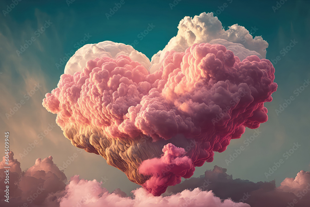 Cloud heart figure shape form in pastel soft blue sky and pink color tone 3d render . (ai generated)