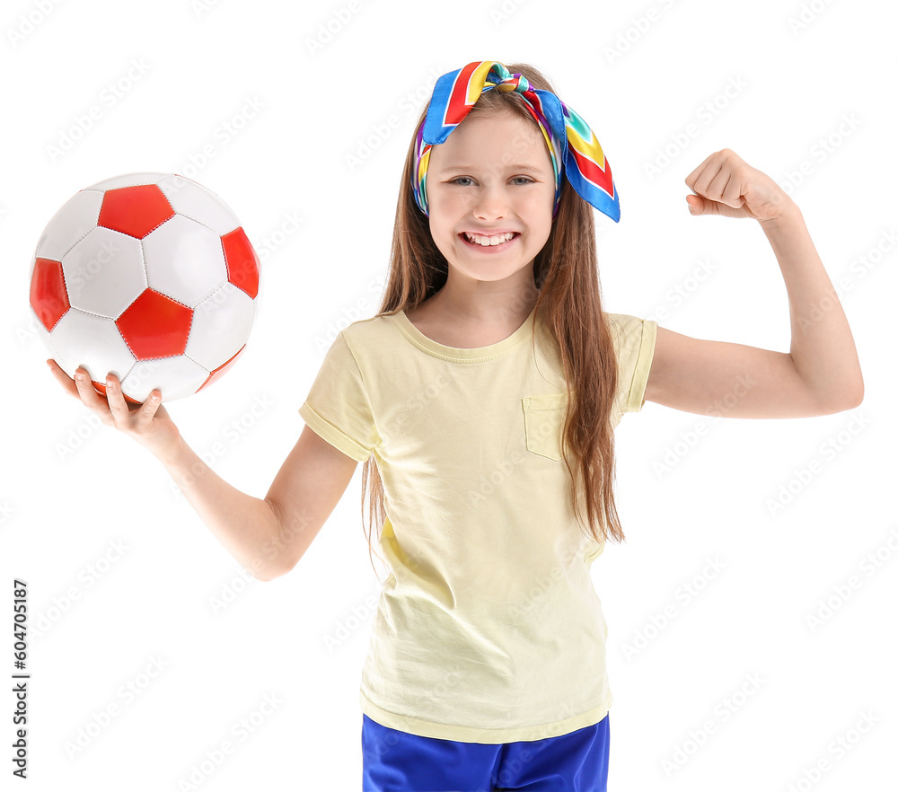 Little girl with soccer ball showing muscles on white background