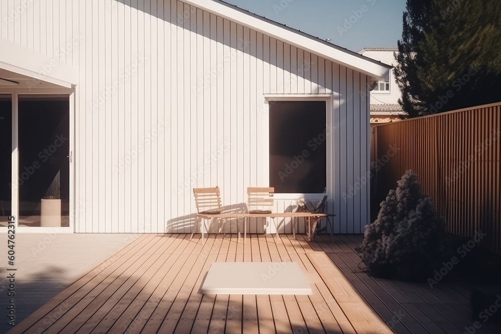 Cozy Outdoor Dining Area on a Wooden Deck with a Table and Chairs Generative AI