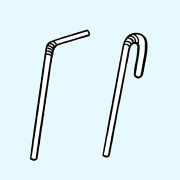 White plastic straws cartoon outlined vector illustration isolated on square light blue background. Simple flat drawing with outlined cartoon art style.