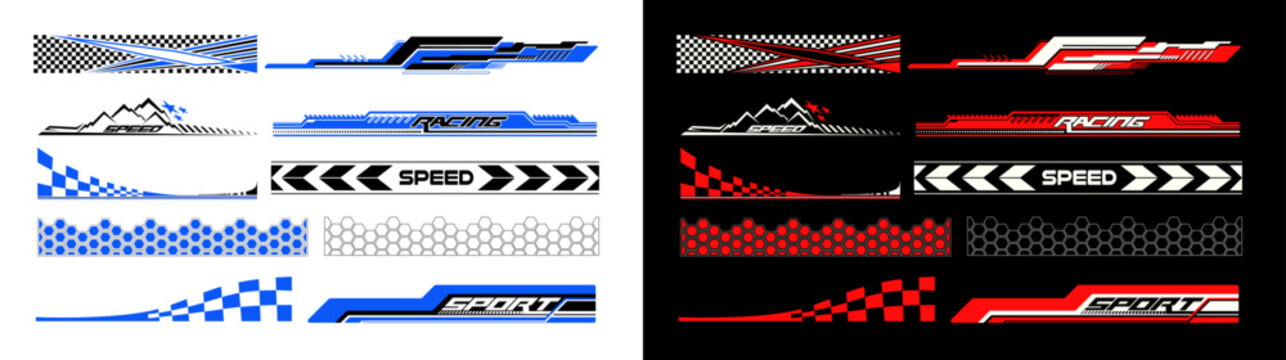 Sport car decal stripes. Car tuning stickers, speed racing stripes. Red and blue markings for transport