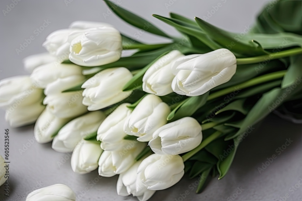 beautiful bouquet of fresh white tulips arranged on a table Generative AI
