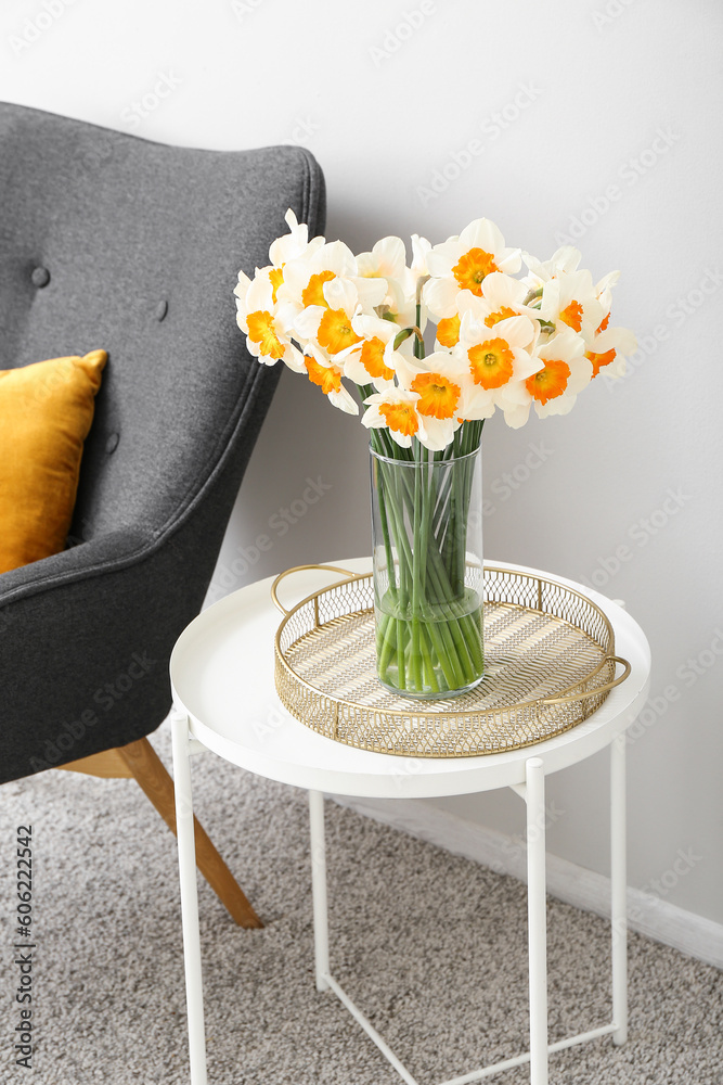 Cozy grey armchair and vase with blooming narcissus flowers on coffee table near white wall