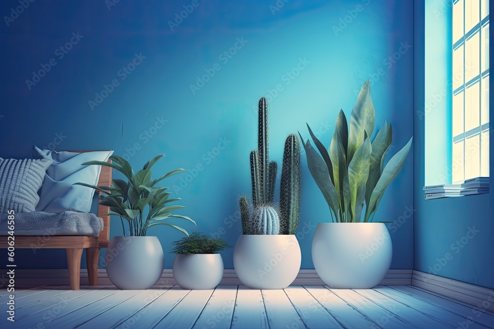 an Interior Design with a Cozy Living Room and Lush Potted Plants Generative AI