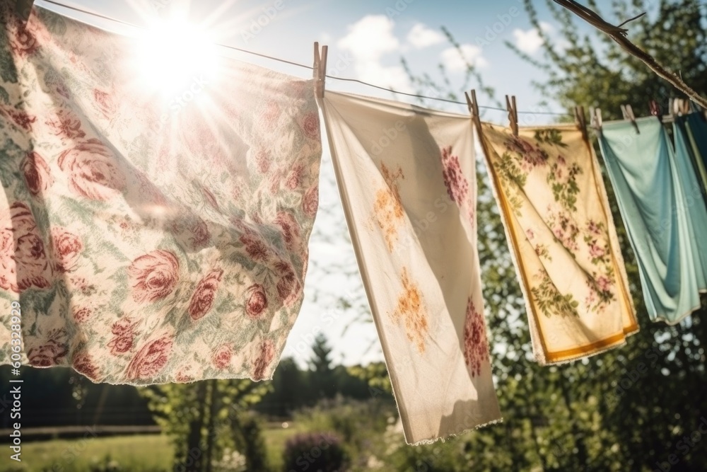 vintage sheet drying on the clothesline in sunny summer day, created with generative ai