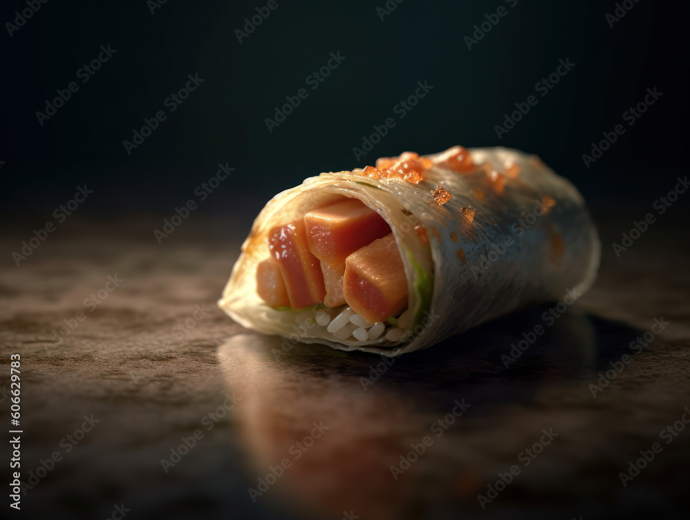 Sushi roll  with salmon, smoked eel, avocado, cream cheese on black background.