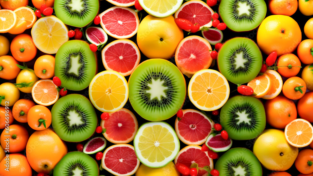 A display of fruits background, including Kiwi, grapefruits and oranges. Generative AI.