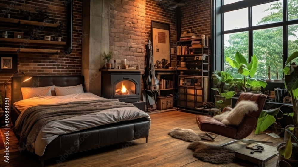 The interior design of cozy brick wall bedroom with bookshelf and fireplace in rustic industrial sty