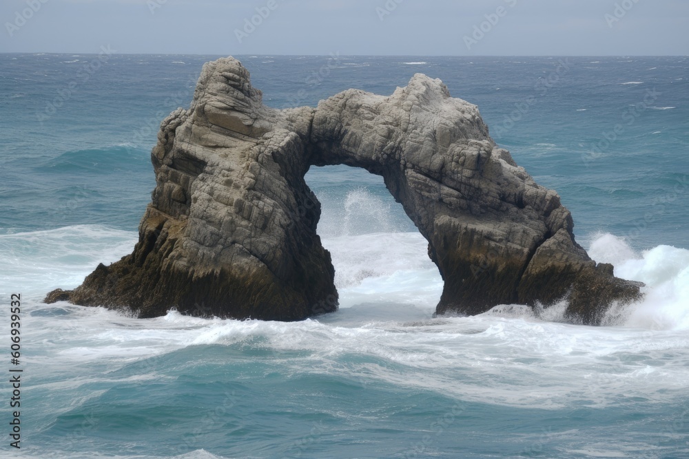 majestic rock formation rising from the ocean waters Generative AI