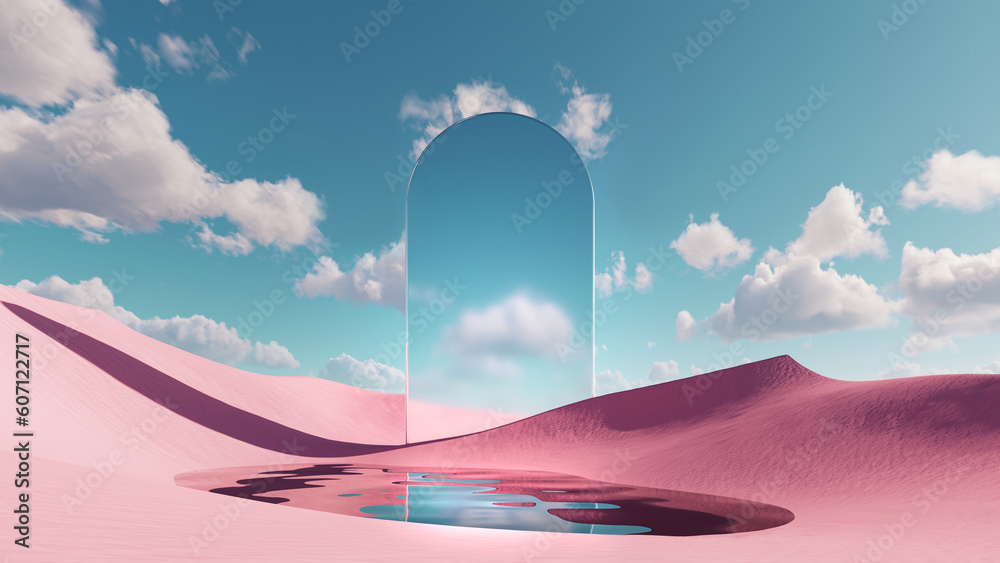 3d render. Abstract fantastic background. Surreal fantasy landscape. Pink desert with lake and geome