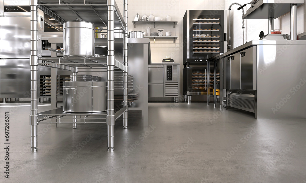 Concrete floor of commercial, professional bakery kitchen, stainless steel convection, bread bun in 