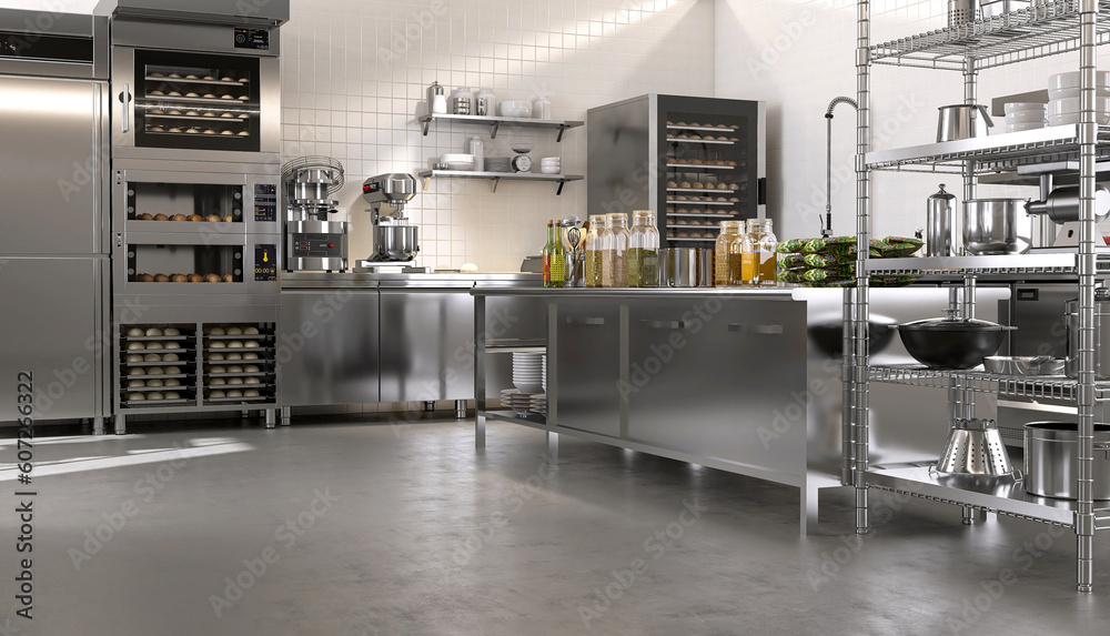 New, clean resin vinyl floor of commercial, professional bakery kitchen, stainless steel convection,