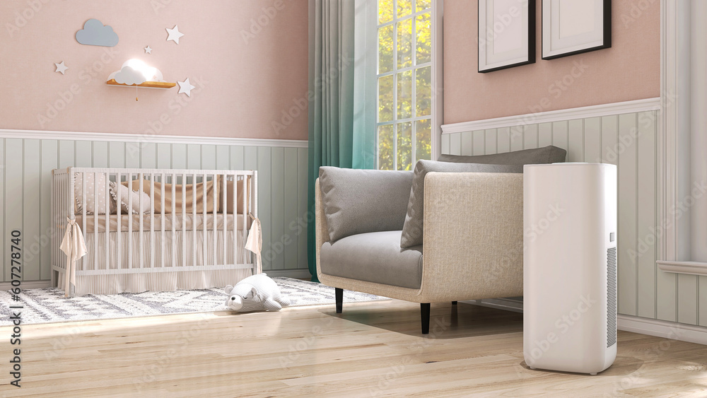 White modern design air purifier, dehumidifier in pink toddler bedroom, baby crib, beige sofa in sun