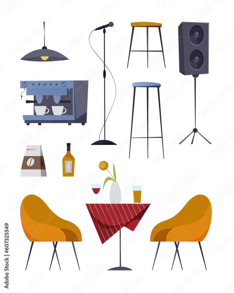 Furniture for bar or pub with live music cartoon vector interior design elements. Stools and bar cou