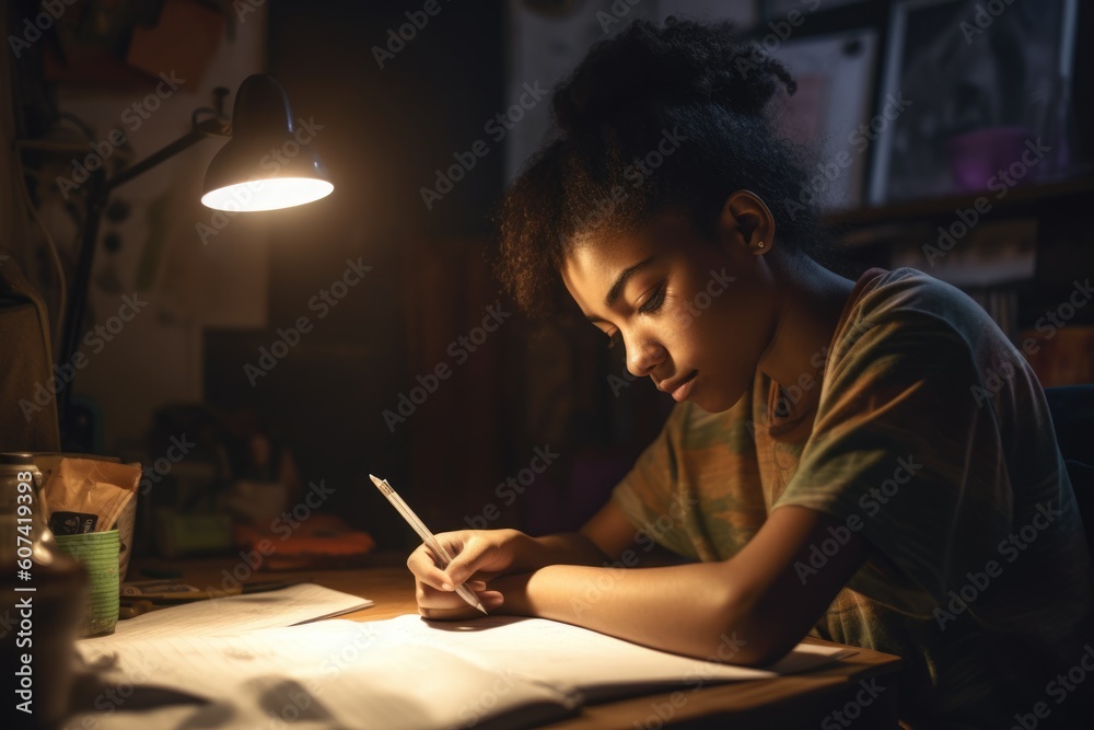 Female African American teenager doing homework in bedroom studying smart. Generative AI AIG23.
