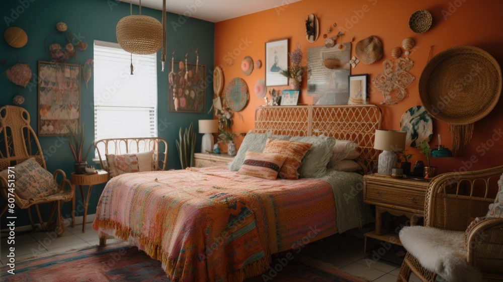 Bedroom decor, home interior design . Bohemian Eclectic style with Gallery Wall decorated with Ratta