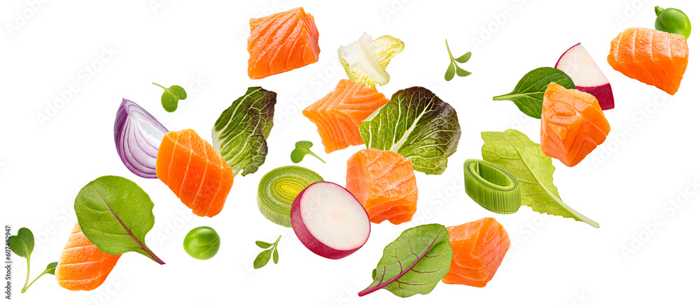Falling salmon salad ingredients isolated on white background