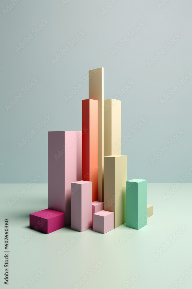 Abstract 3D growth chart ascending coloured bars on solid colour background. Created with Generative