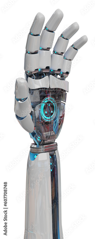 Isolated robot hand. 3D rendering white and blue cyborg arm. Humanoid open palm cut out with transpa