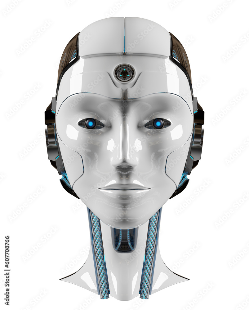 White and blue woman robot head isolated. 3d rendering of cyborg humanoid female face on transparent