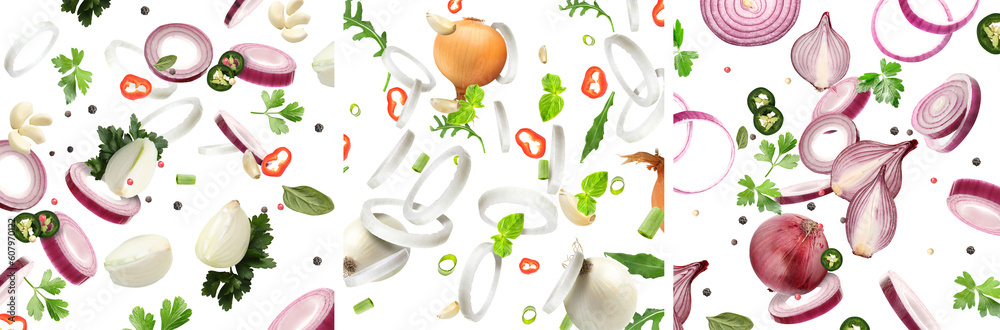Collage with flying onion, herbs and spices isolated on white