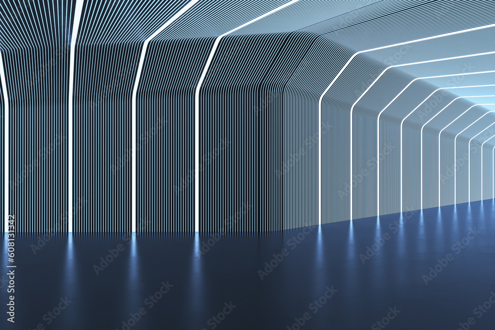 Linear futuristic blue corridor with reflections. Designs concept. 3D Rendering.
