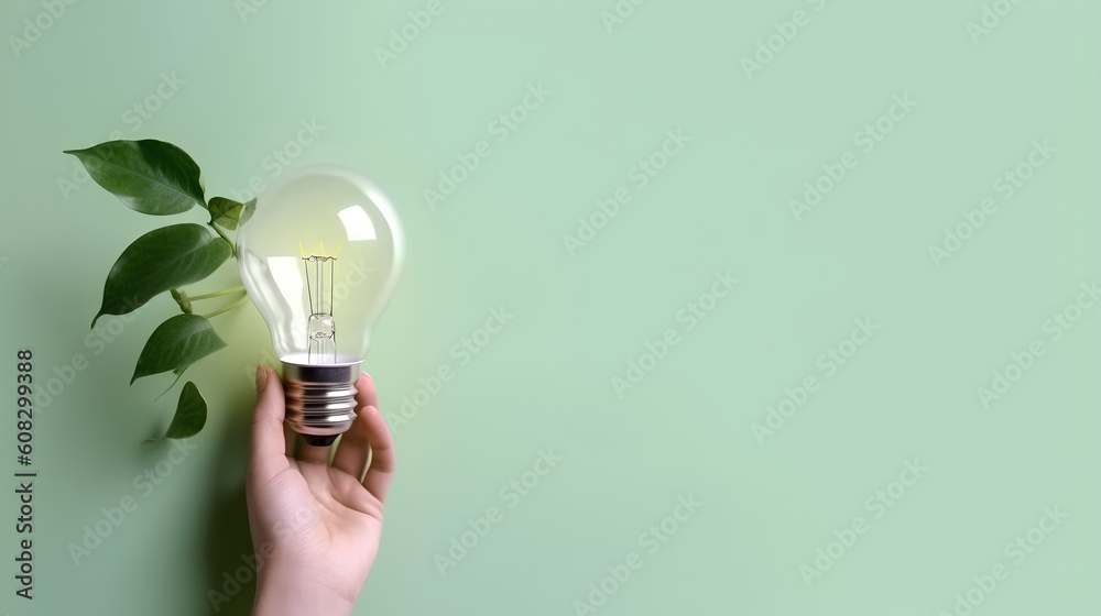 A hand holding a light bulb with green leaves against a clean background. This image illustrates the