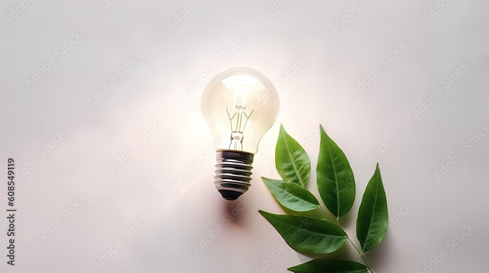 Light bulb with lush green leaves set against a clean background. This image encapsulates the idea o