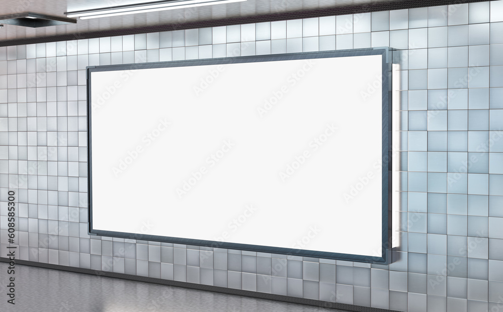 Panoramic 2:1 billboard on underground subway wall Mockup. Hoarding advertising on train station 3D 