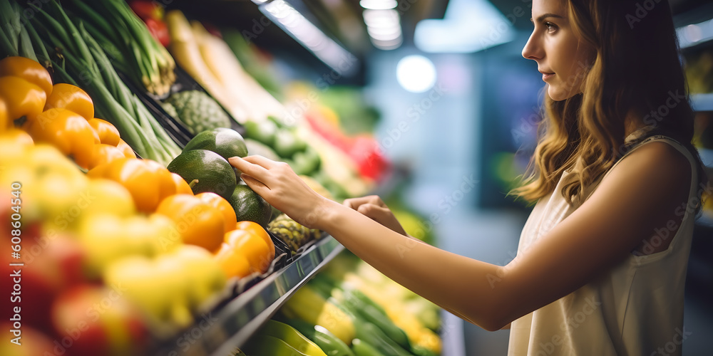 Closeup woman shopping fruits and vegetables in a grocery supermarket store. Generative Ai