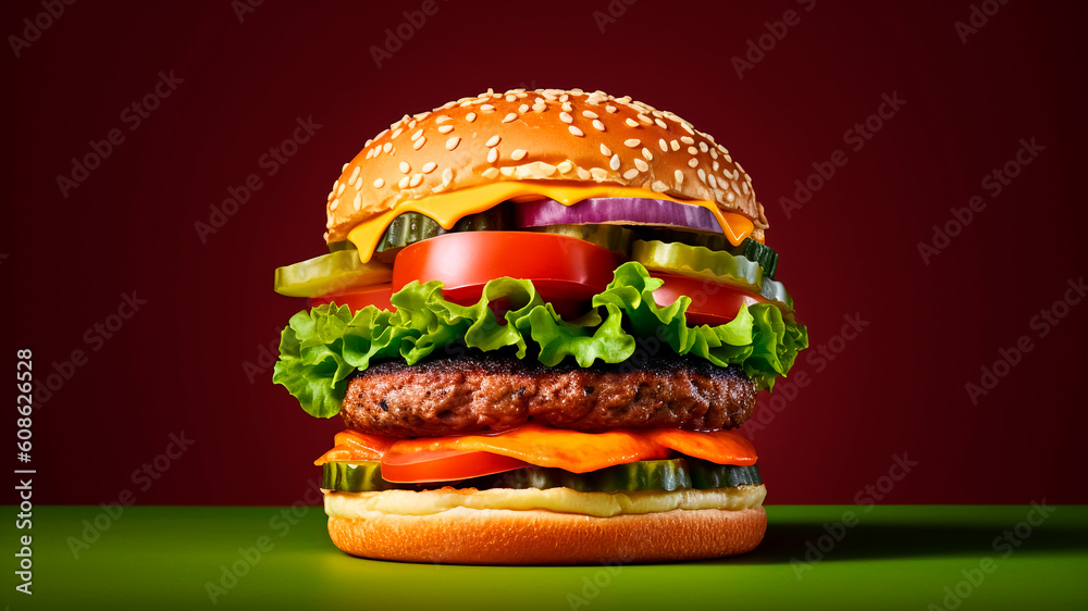 Hamburger on a red background. Generative AI.
