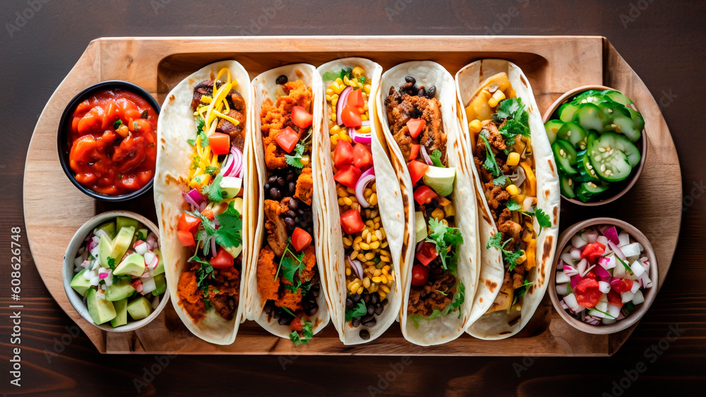 Vegan tacos with vegetables on a wooden board. Generative AI.