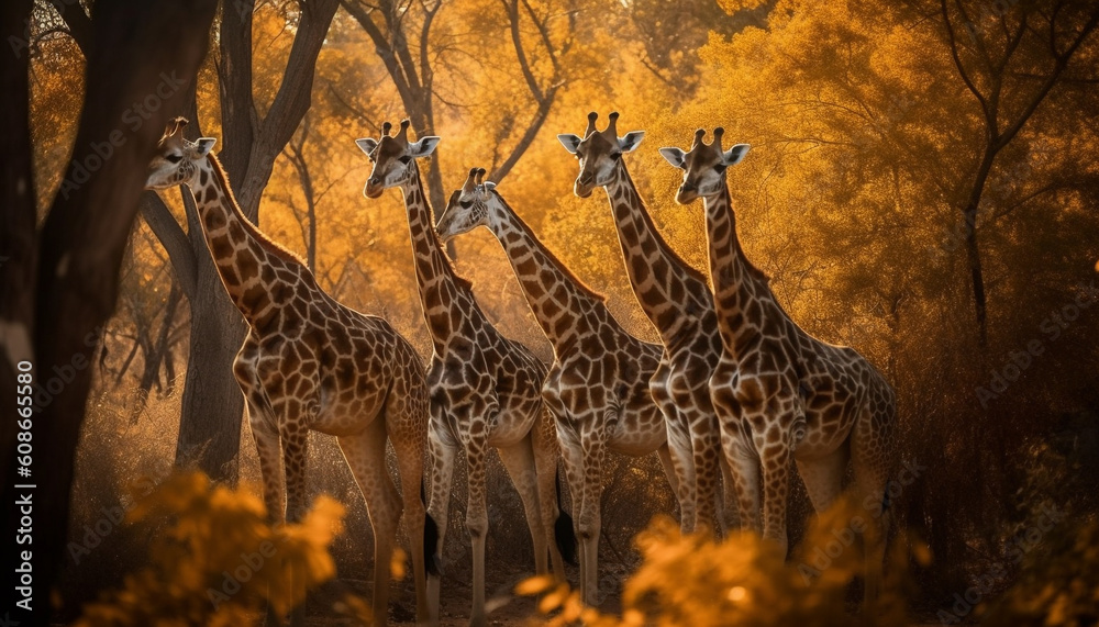 A group of spotted giraffes standing in the African savannah generated by AI
