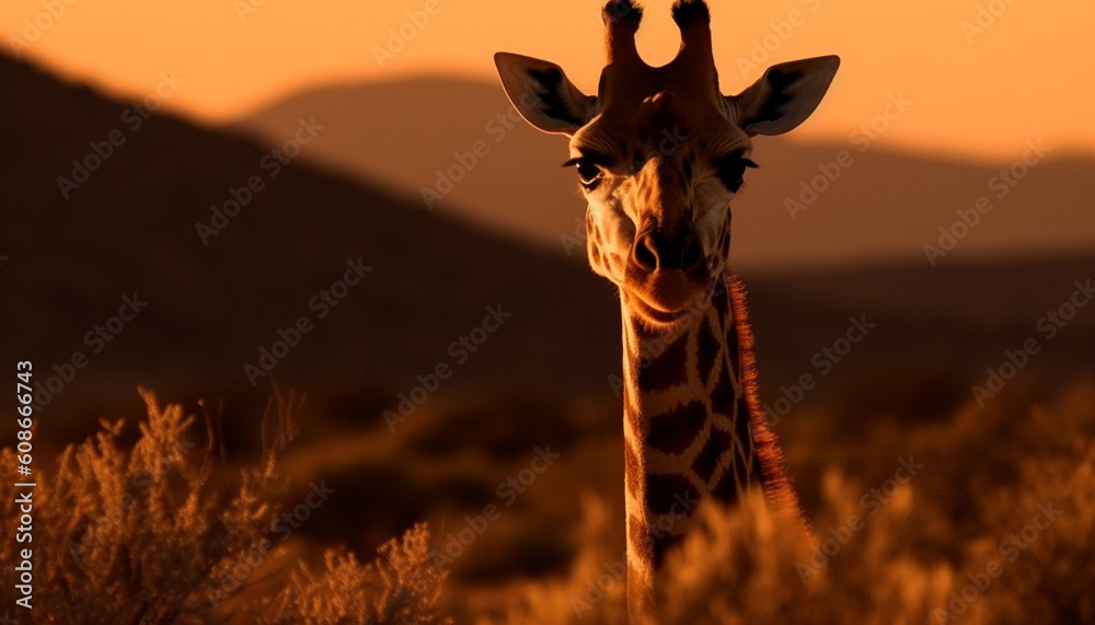 A majestic giraffe standing in the meadow at dawn generated by AI