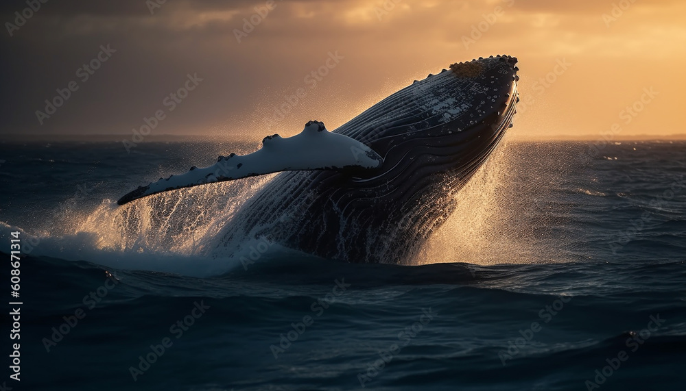 Majestic humpback whale breaches in awe inspiring sunset seascape generated by AI